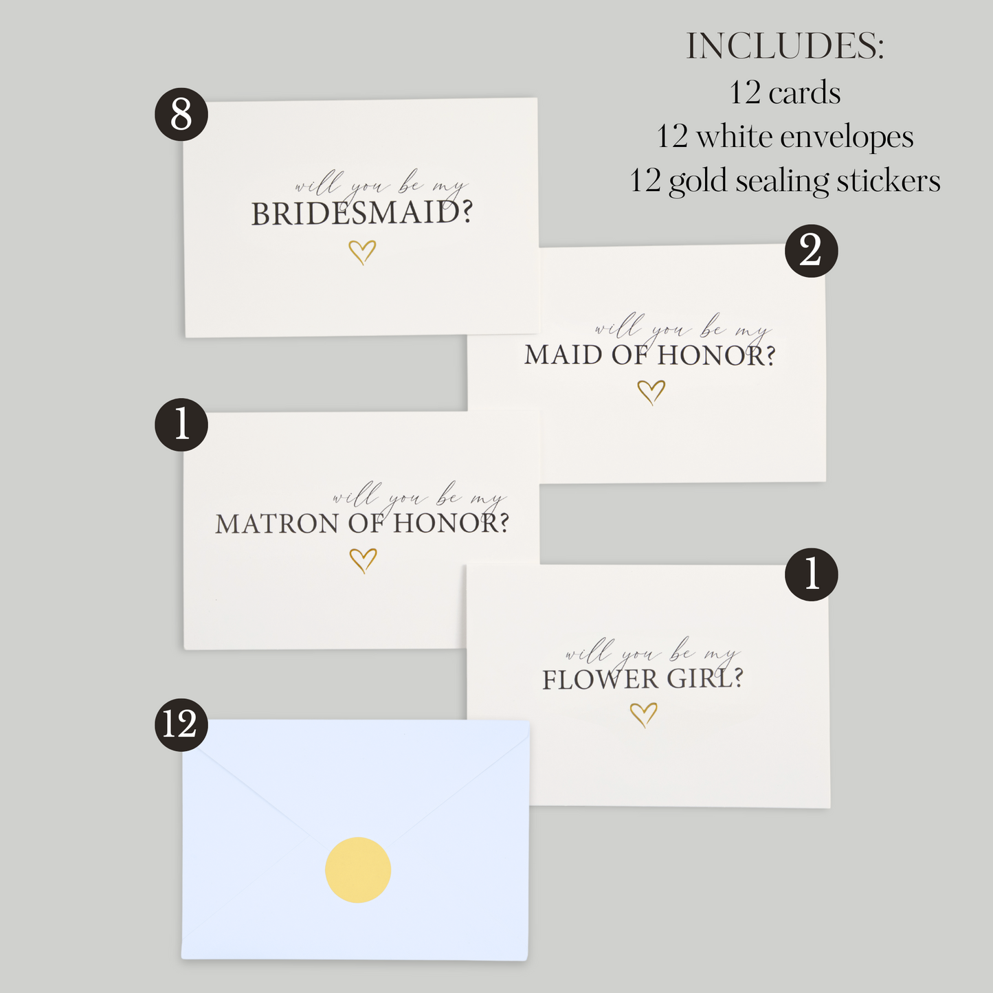 Will You Be My Bridesmaid Card Set of 12 - 8 Bridesmaid, 2 Maid of Honor, 1 Matron of Honor, 1 Flower girl with Envelopes and Sealing Stickers
